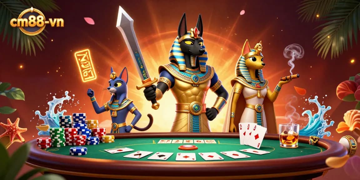 Experience the thrill of cm88-vn with an epic poker showdown featuring Anubis and Bastet.