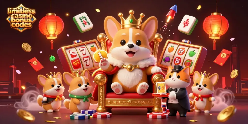 Engage with limitless casino bonus codes through a vibrant 3D scene showcasing a royal corgi presiding over a lively casino atmosphere.