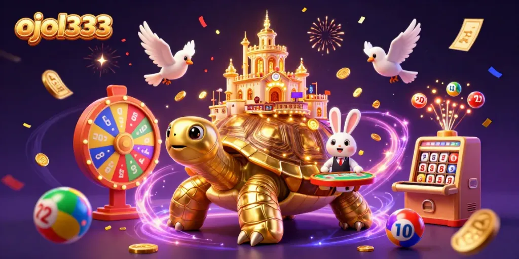 Engage with ojol333 through a vibrant 3D scene filled with excitement and colorful lottery elements.