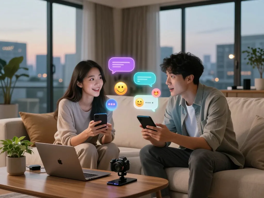 Engaging AI chat NSFW experience between a couple on smart devices in a cozy modern setting.