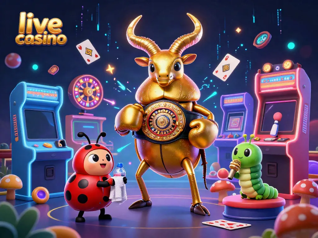 Permainan live casino dengan kumbang juara tinju, kepik, dan ulat secara interaktif dalam suasana menarik.