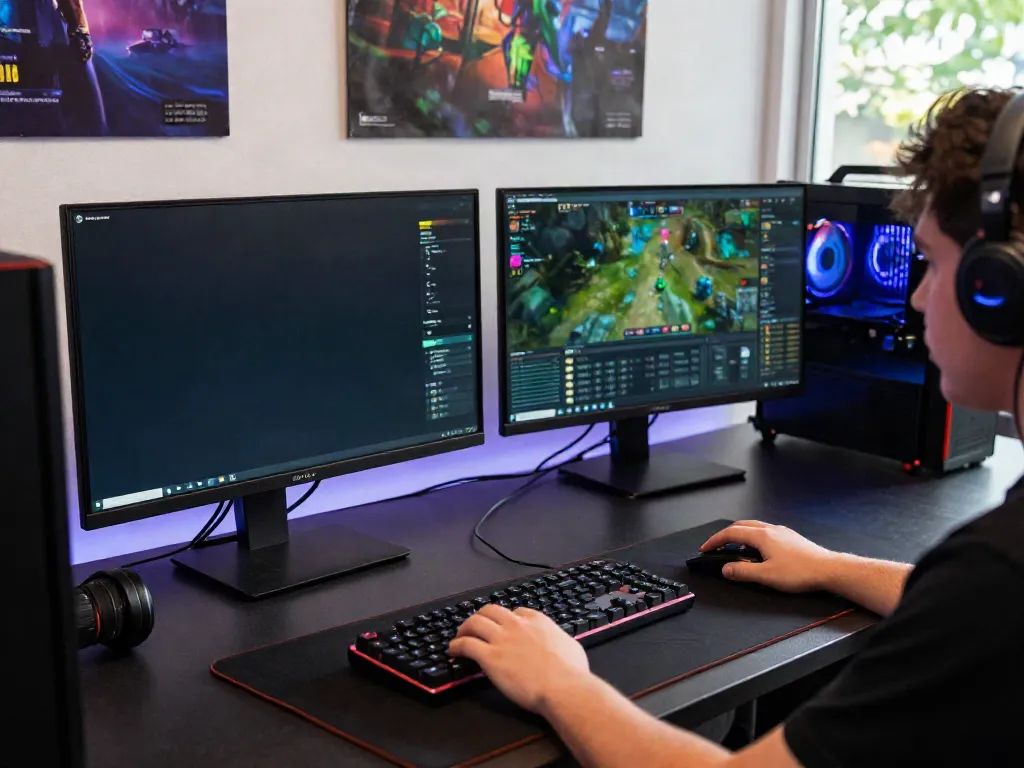 Engaging gaming scene illustrating the singatoto link on a dual monitor setup, featuring vibrant game metrics and user interface.