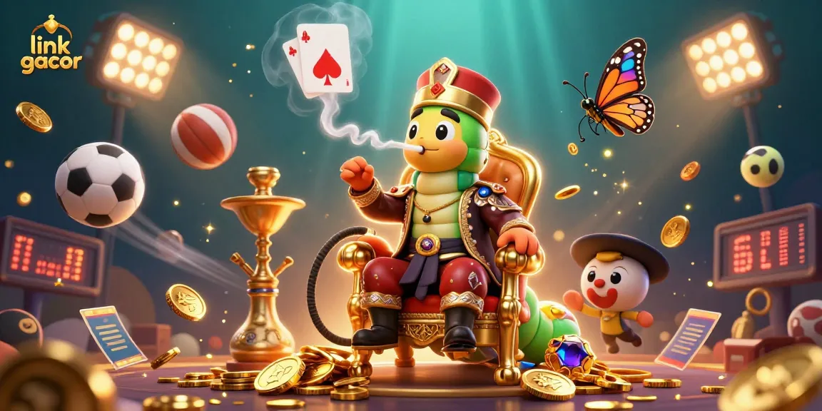 Win big with link gacor as a 3D caterpillar master conjures poker symbols in a vibrant casino scene.