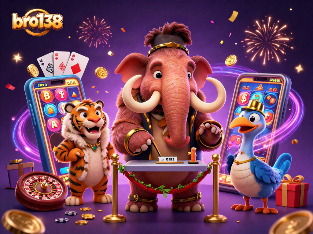 Experience the vibrant energy at bro138's casino with engaging characters and lively gaming elements!