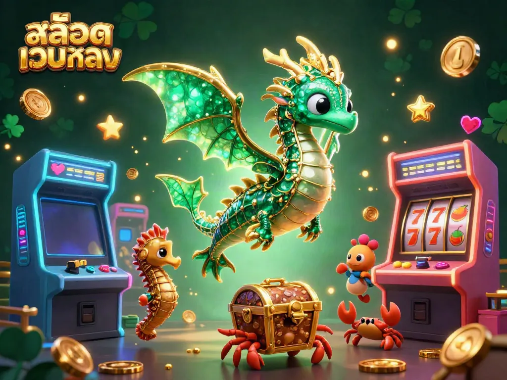 Engage with สล็อตเว็บตรง action featuring a majestic emerald sea dragon and dynamic casino elements.