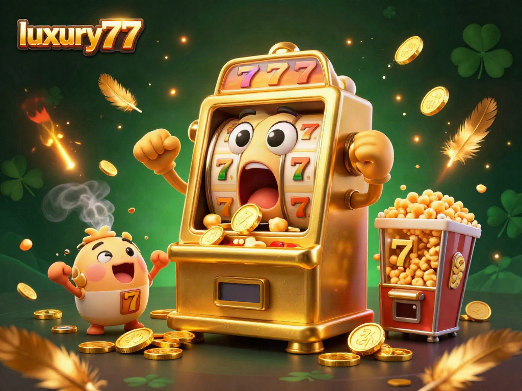 Slot mesin keberuntungan luxury777 memercik koin saat jackpot, sambil dikawal mesin kecil yang bersorak.
