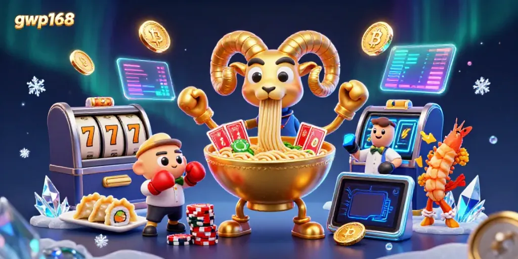 GWP168 menyajikan permainan slot dengan karakter ramen raksasa dan elemen kripto yang menarik.
