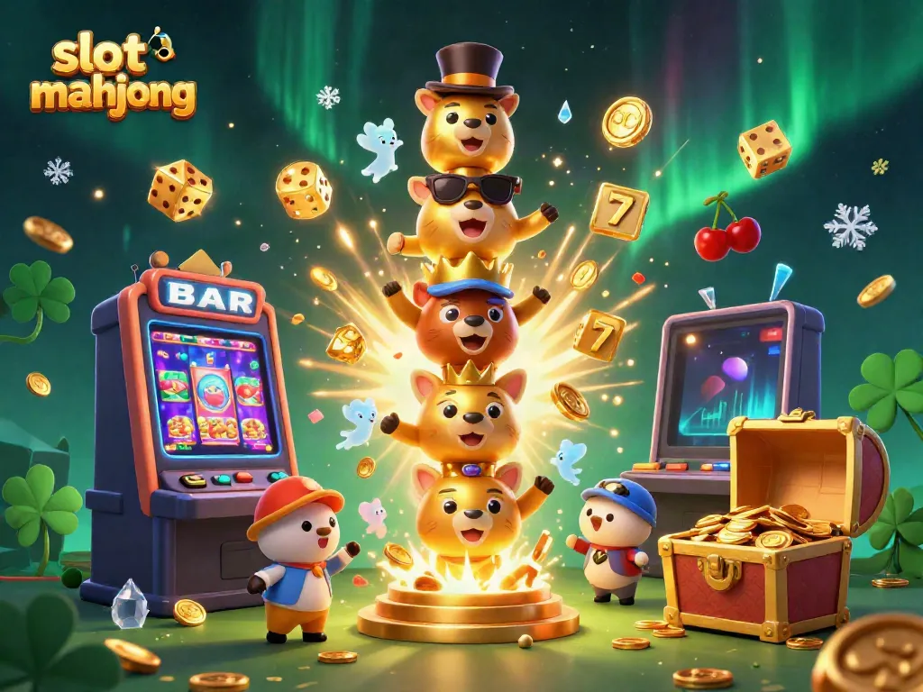 Engage with slot mahjong action in a vibrant 3D scene bursting with colorful casino elements.