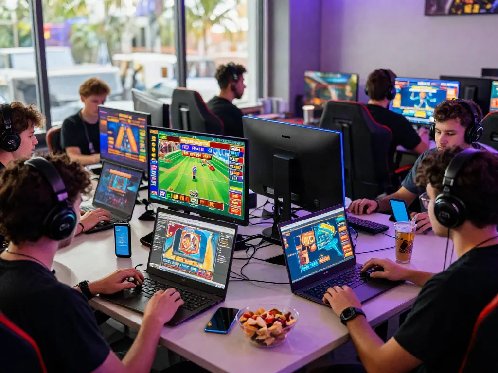A80 gaming platform scene with players engaged in slots and live games in a vibrant gaming lounge.