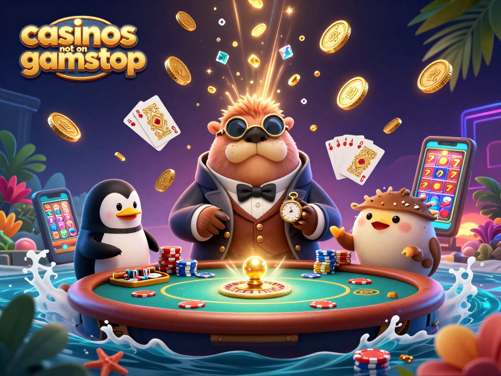 Experience the thrill of casinos not on gamstop with a whimsical underwater poker game featuring a jolly walrus and a sophisticated penguin dealer.