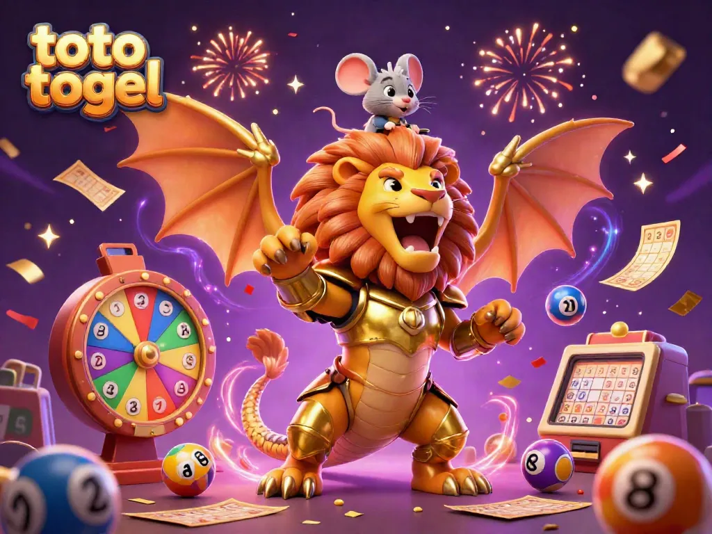 Experience thrilling toto togel action with a golden chimera and colorful lottery elements in a festive 3D illustration.