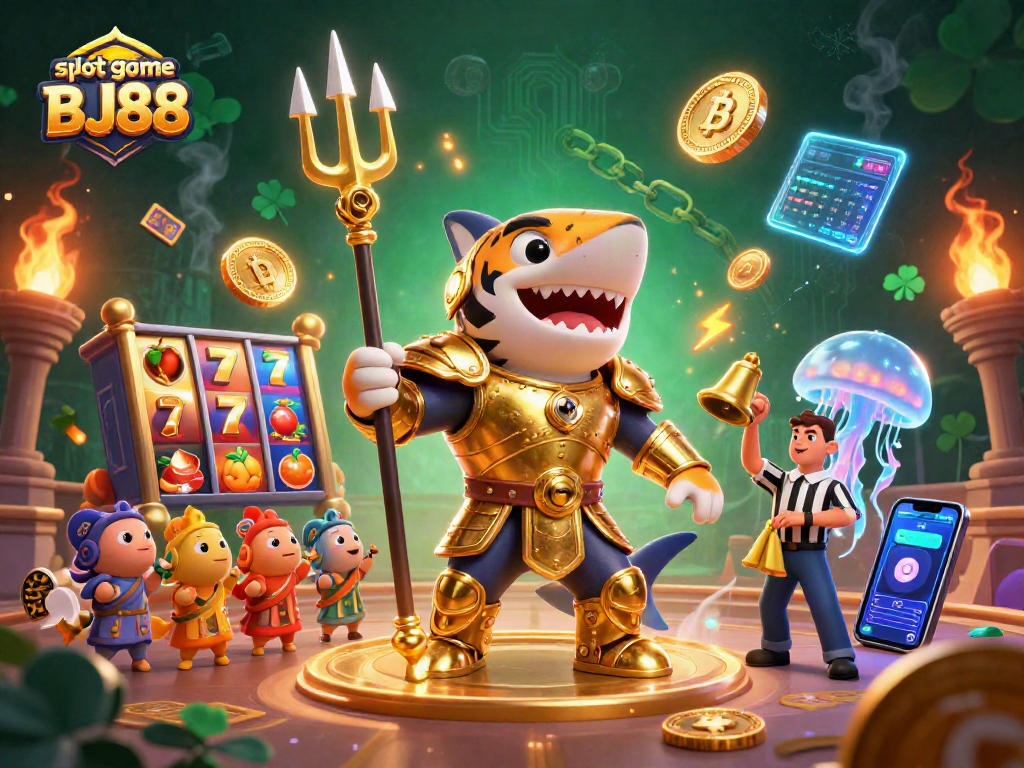Experience slot game BJ88 where a mighty shark rules an underwater colosseum filled with colorful slots.