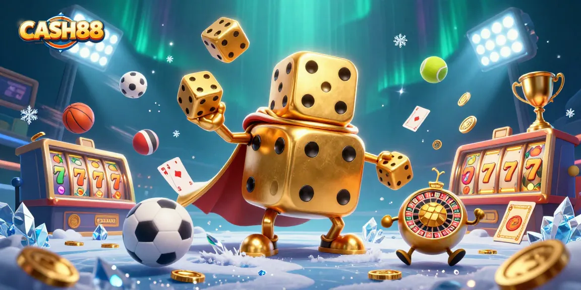 Engage with CASH88 in an exciting 3D casino scene filled with golden dice, sports elements, and jackpots.
