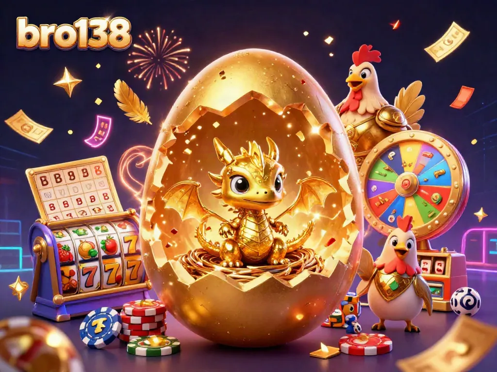 Spin for rewards with bro138's golden baby dragon amid vibrant casino elements.