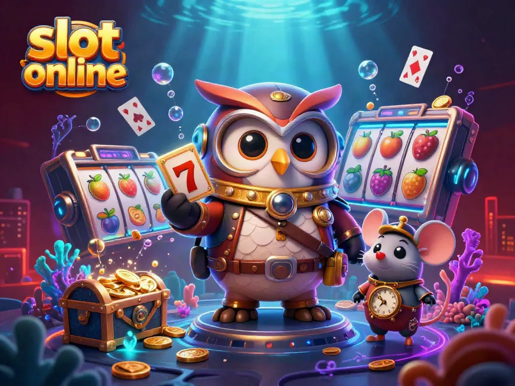 Slot online yang menampilkan ilustrasi 3D dari karakter burung hantu waktu dengan simbol jackpot dan elemen kasino yang berkilauan.