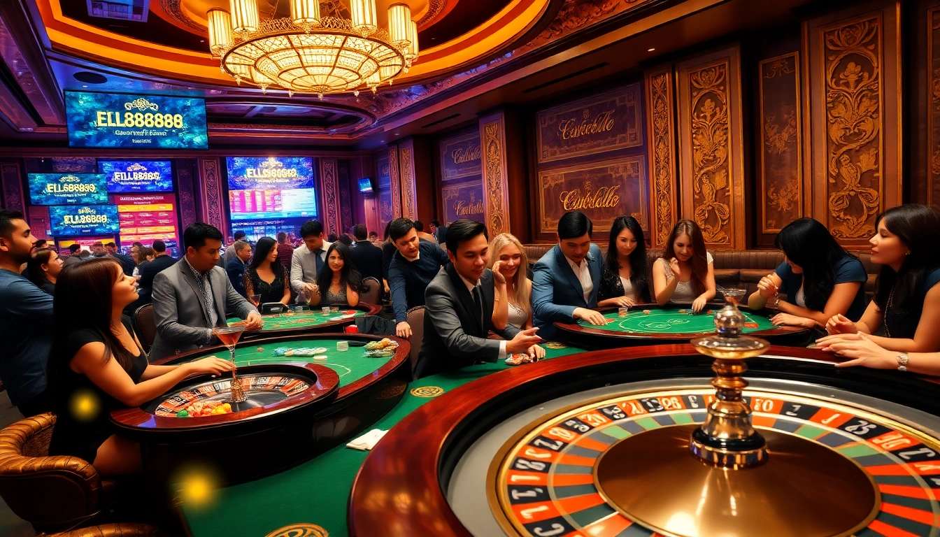 Exciting casino scene featuring players engaging at tables with elements from https://www.eejl88888.com/, showcasing luxury and thrill.