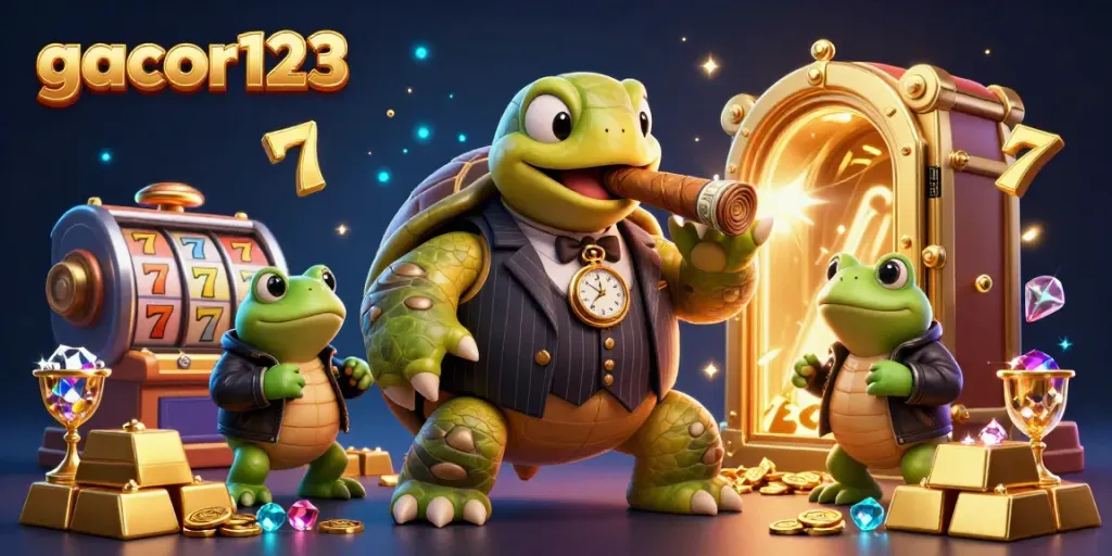 Engage in the thrill of gacor123's vibrant casino scene with a turtle mobster and frog enforcers.