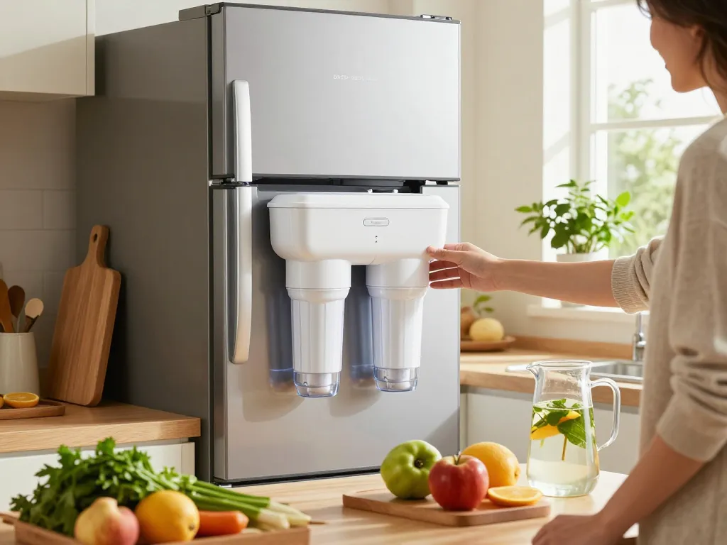 Replacing the Overbest DA29-00020B Refrigerator Water Filter in a bright modern kitchen with fresh produce.