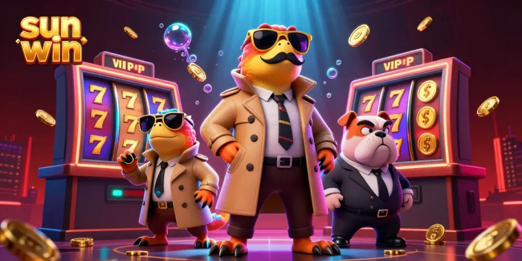 Engage in thrilling gameplay at sun win, with vibrant slots and cartoon characters caught in action.