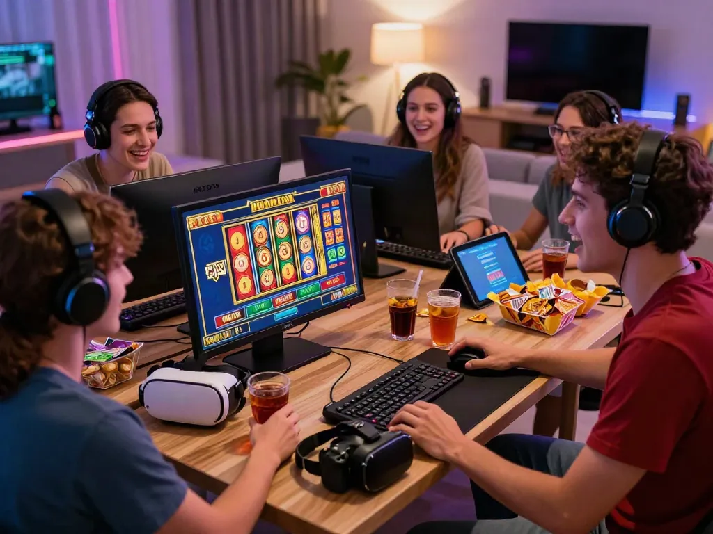 Friends enjoying slot resmi games in a lively home gaming setup.