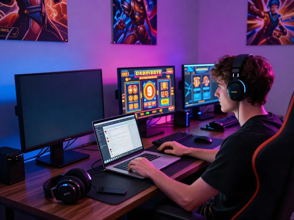 A vibrant online gambling setup showcasing akunjp games with a player immersed in slot action.
