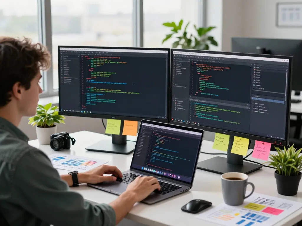 Focused developer at https://lode884.co.com/ coding in a modern workspace with dual monitors and creative tools.