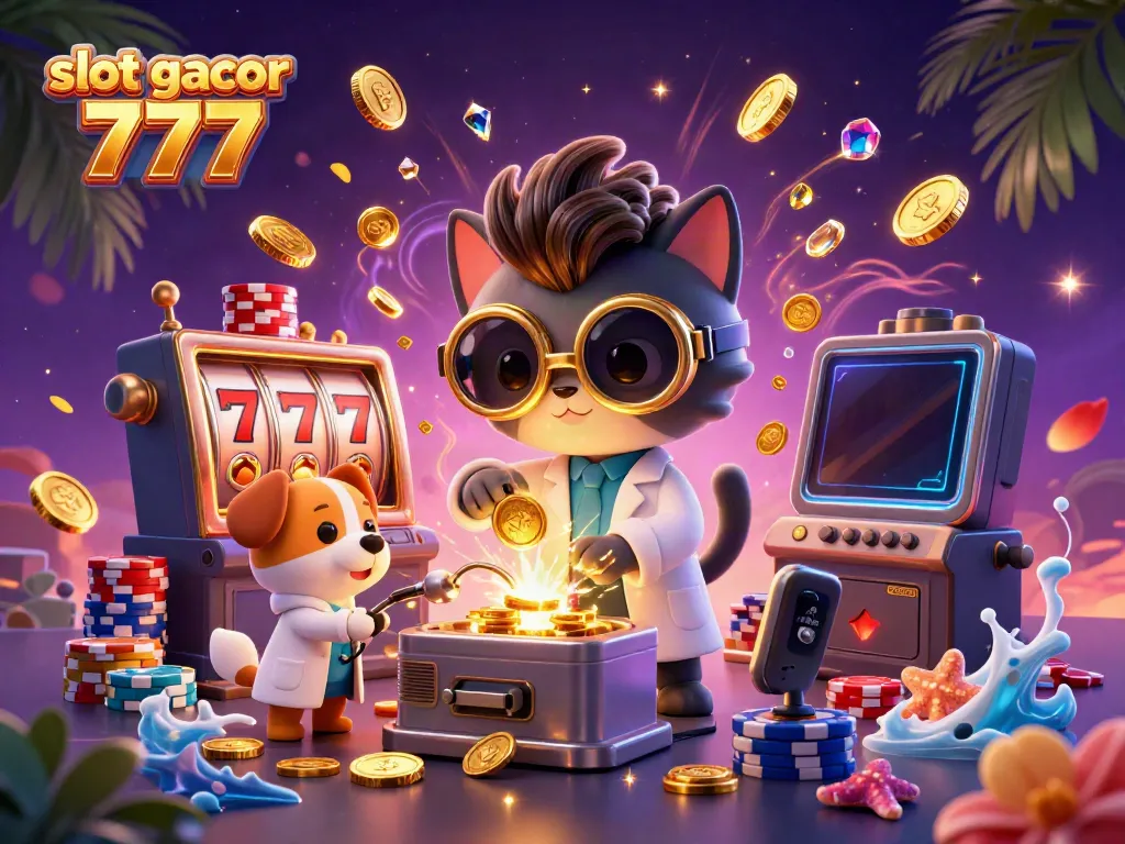 Slot gacor 777 menggambarkan kucing ilmuwan dan anjing asisten di laboratorium dengan koin emas melayang.