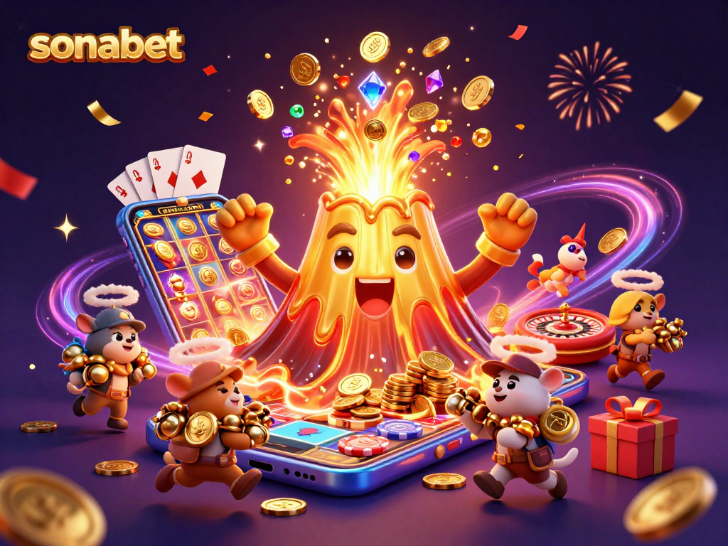 Experience thrilling gameplay at sonabet with vibrant slots and joyous treasures erupting from a golden volcano.