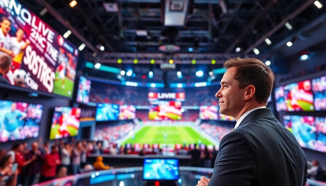 Engaging sports broadcasting studio showcasing a lively sports event with bright colors.