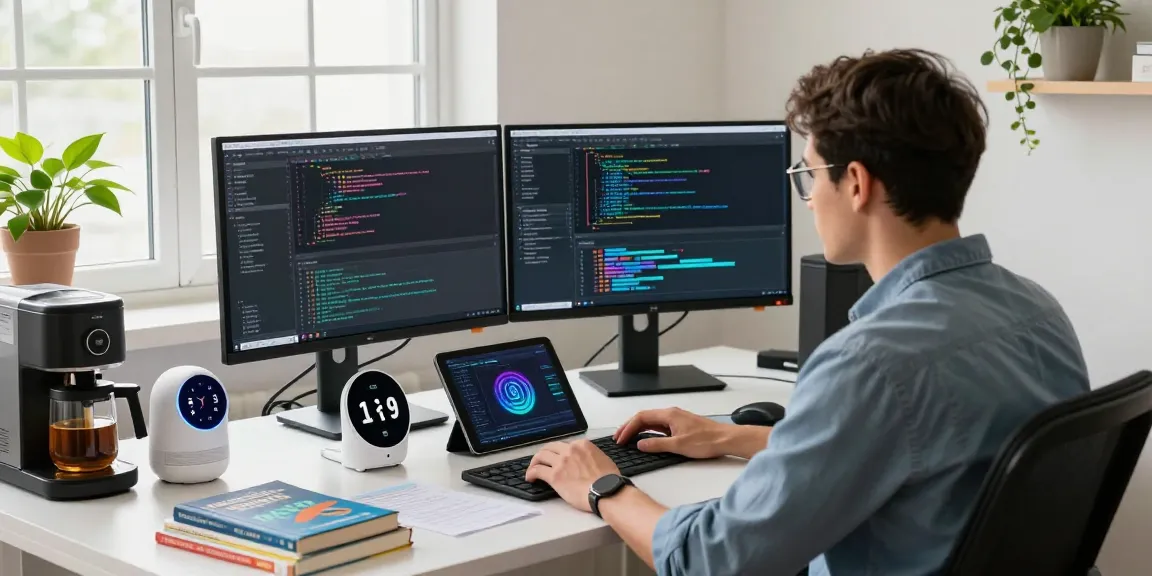 Focus on an AI developer in a high-tech workspace working with crush ai technology on multiple monitors amidst inspiring decor.