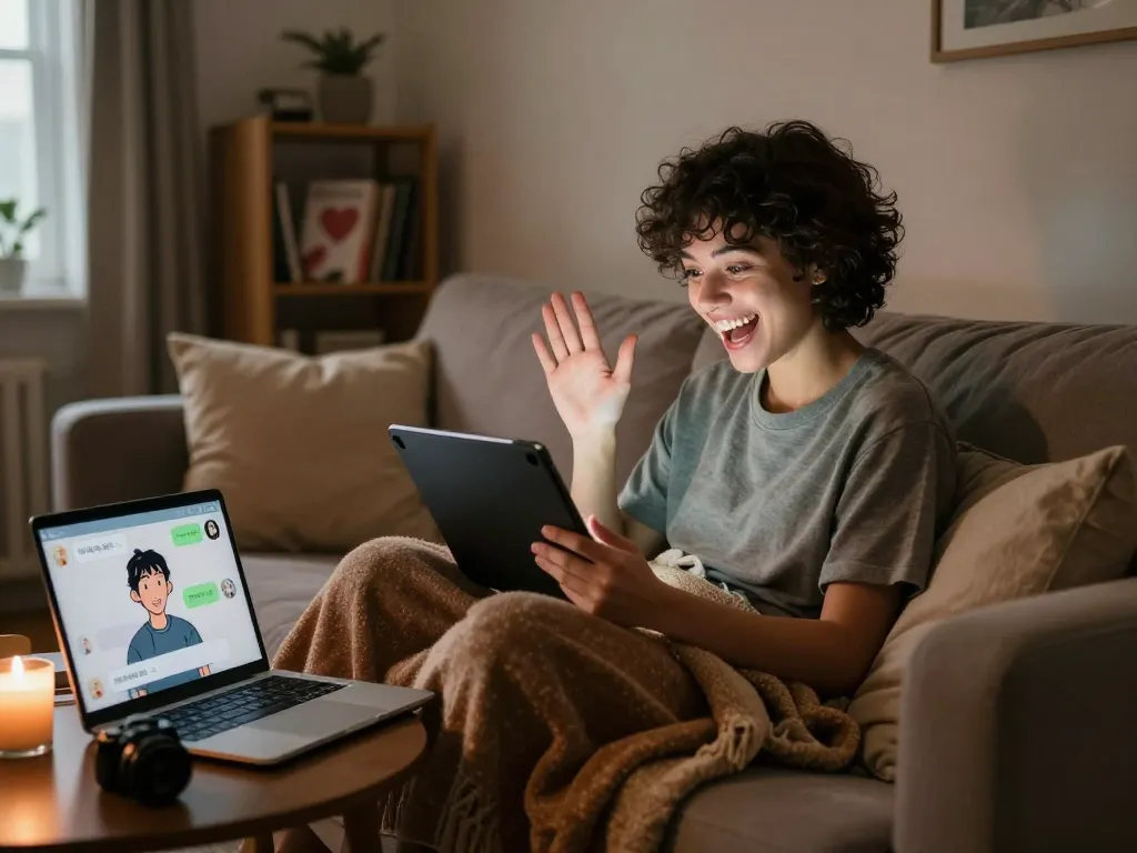 Engaging in NSFW AI chat from a cozy room with tablet and warm ambiance.