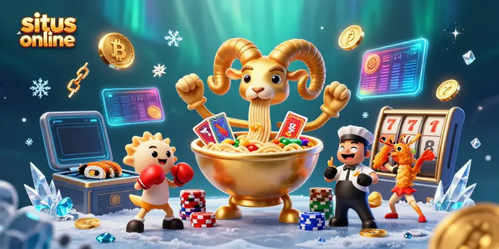 Engage at situs game online with dynamic casino-themed characters and elements representing cryptocurrency.