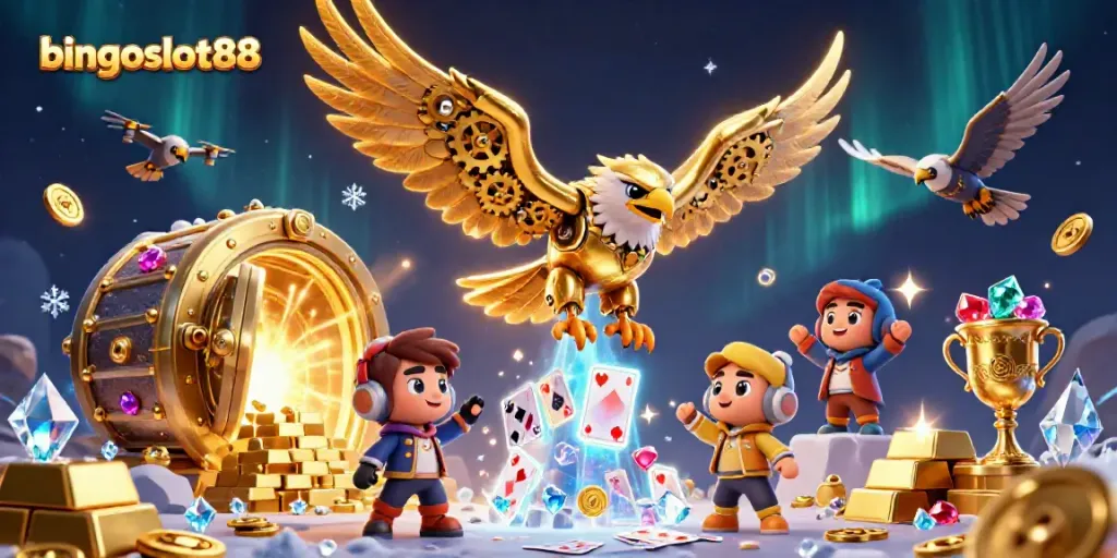 Rasakan keseruan bingoslot88 dengan ilustrasi 3D burung elang cybernetik terbang di antara kartu bermain holografis.