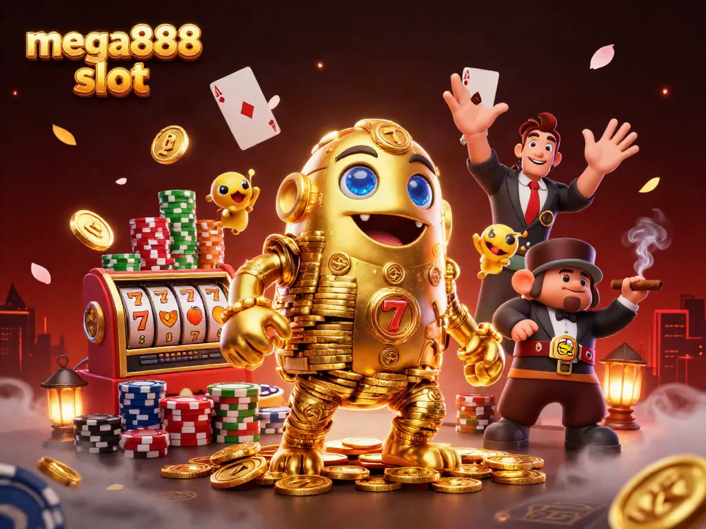 Experience the excitement of mega888 slot with a golden golem and dazzling casino elements.