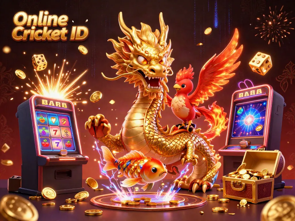 Engage in thrilling betting with your Online Cricket ID through a vibrant scene featuring dynamic characters and casino elements.