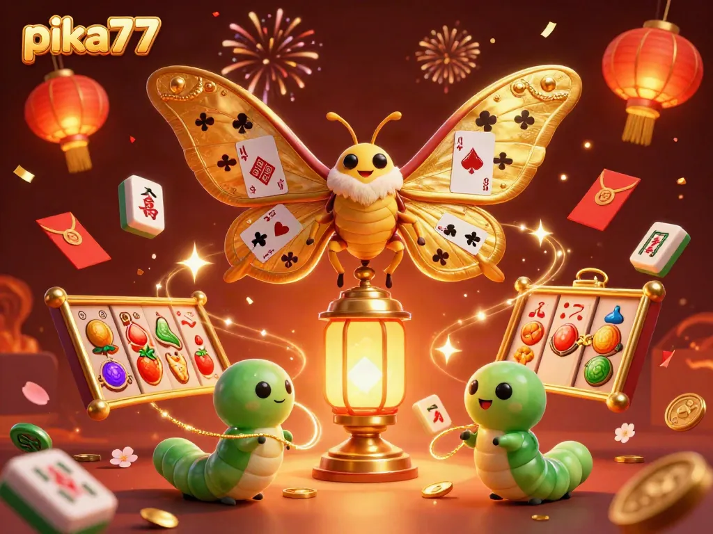Engage with PIKA77's vibrant casino atmosphere through a dazzling 3D illustration showcasing gaming elements.