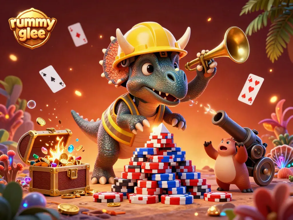 Permainan rummy glee menampilkan karakter kartun 3D bersorak saat membangun kasino dengan keripik poker.