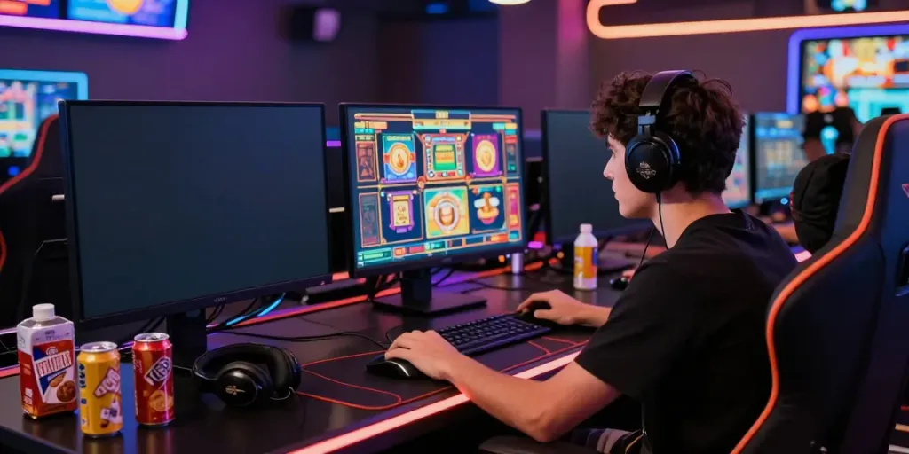 A energetic online gaming scene highlighting akunjp gaming experience with vibrant slot game graphics and exciting atmosphere.