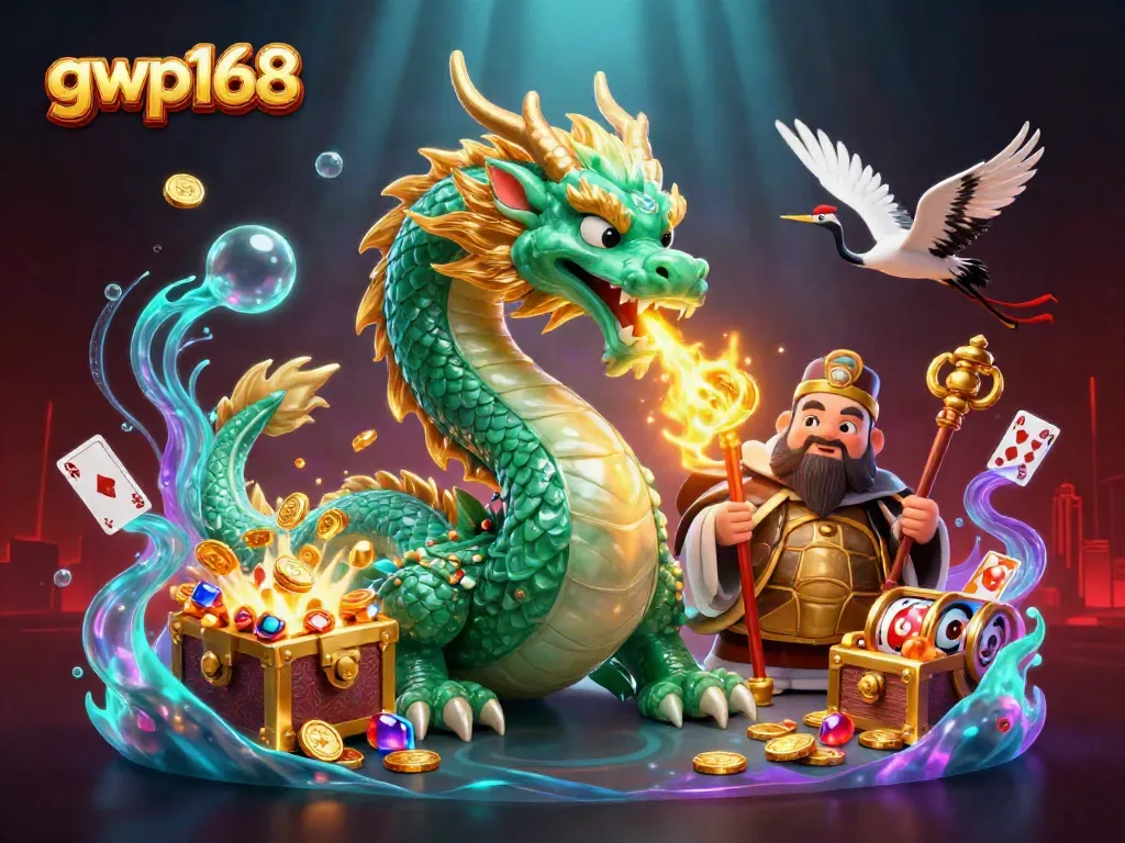 Permainan seru di gwp168 dengan naga jade yang megah dan slot reels berputar.