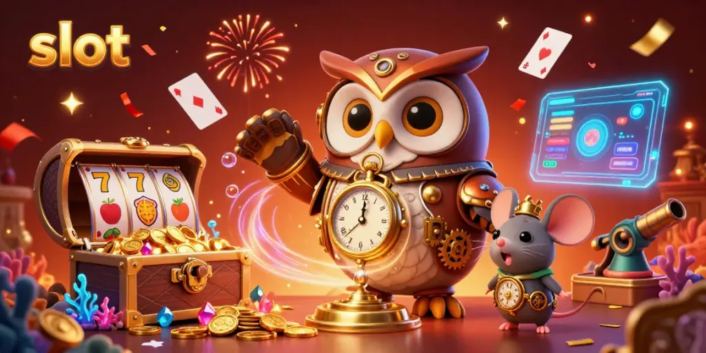 Experience thrilling slots with a vivid steampunk owl and mouse illustration showcasing dynamic casino elements.