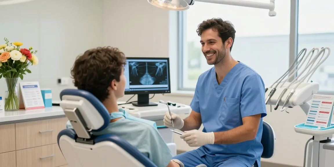 View it now for an inviting dental clinic scene showcasing a friendly dentist and a relaxed patient.