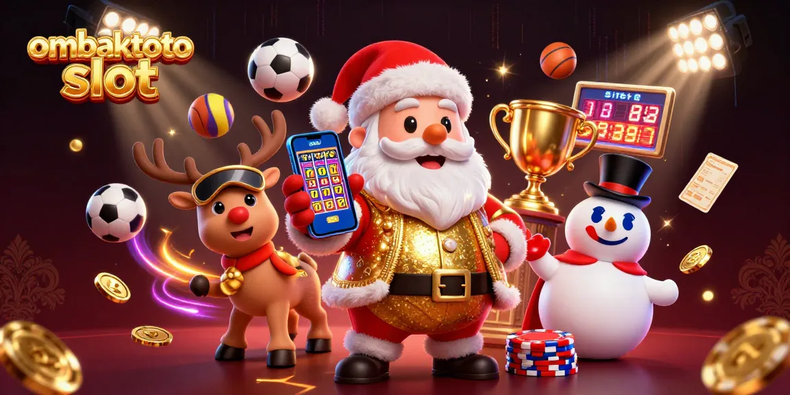 Experience the excitement of ombaktoto slot with Santa and friends celebrating jackpots in a vibrant casino.