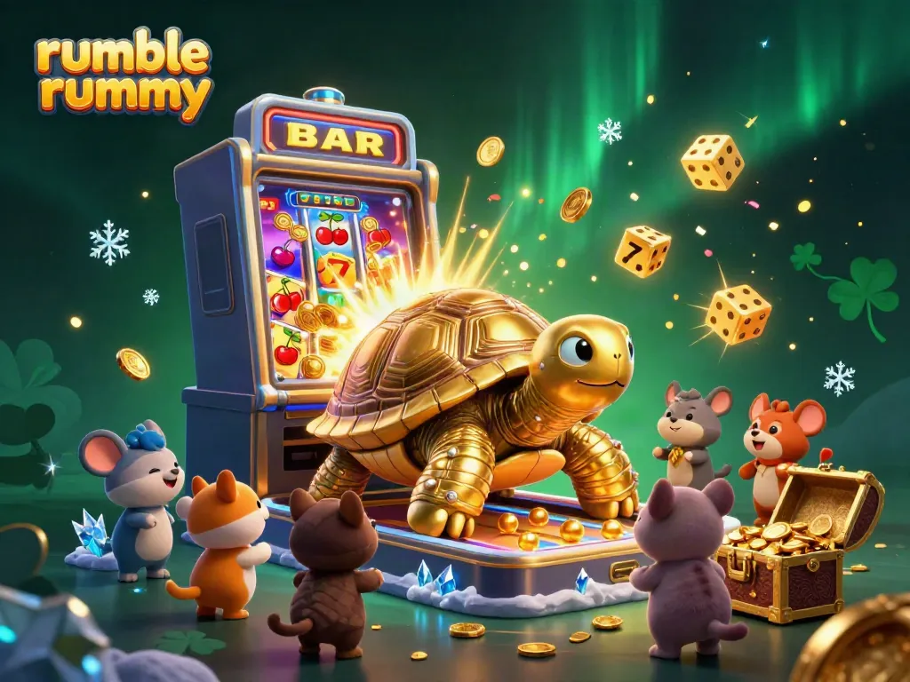 Experience the thrill of rumble rummy with vibrant slot machines, golden tortoise, and playful characters.