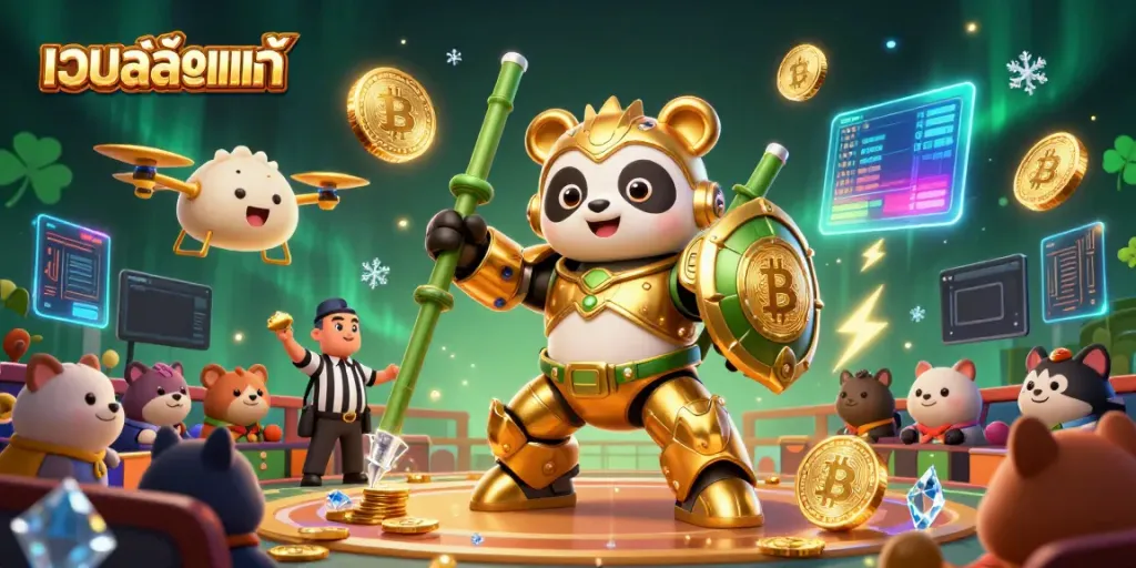 Engaging illustration of เว็บสล็อตแท้ in a vibrant arena showcasing gambling action with animated characters and crypto elements.