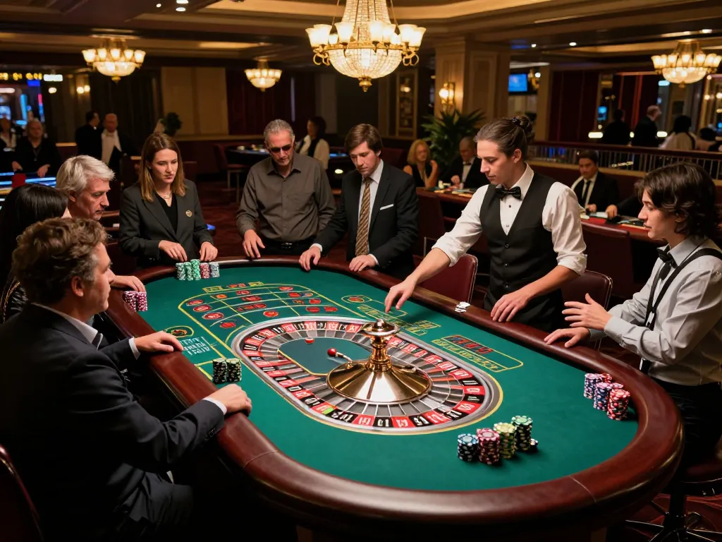 Players engaging with HUBET at an exciting roulette table, illuminated by warm casino lighting.