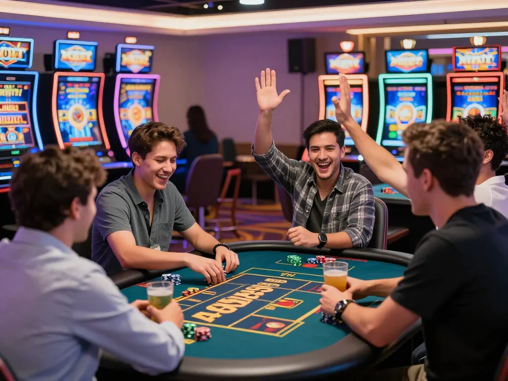 Free credit mega888 players enjoying a lively casino atmosphere while celebrating wins together at a vibrant gaming table.