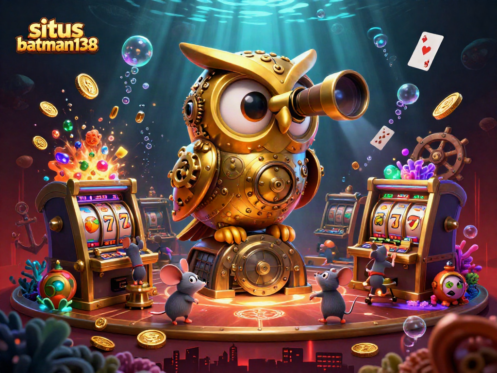 Situs batman138 menyajikan ilustrasi 3D kasino yang penuh warna dan detail, menampilkan simbol slot dan karakter menarik.