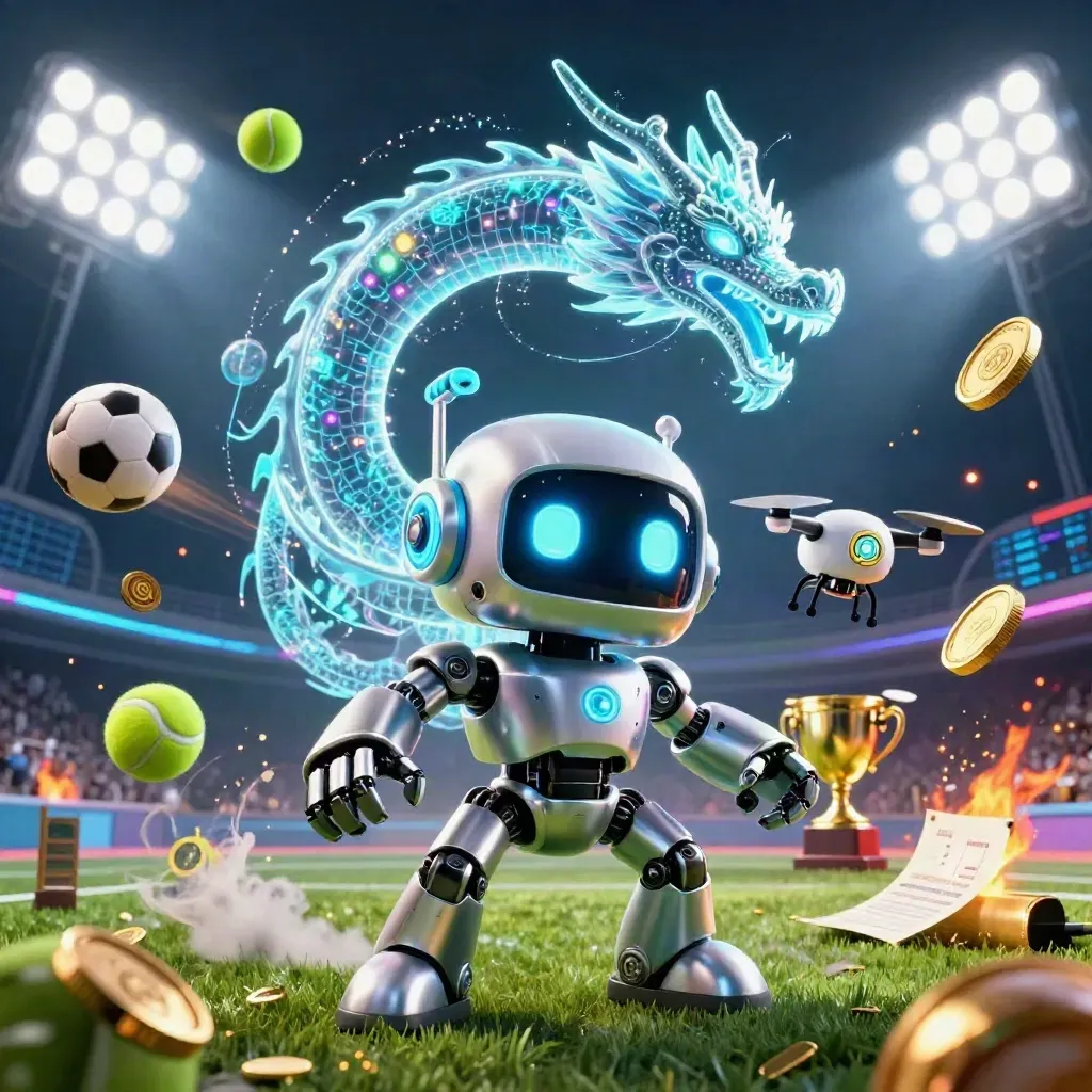 Cyberpunk robot, holographic dragon and coin drone amid flying balls, coins and floodlights.