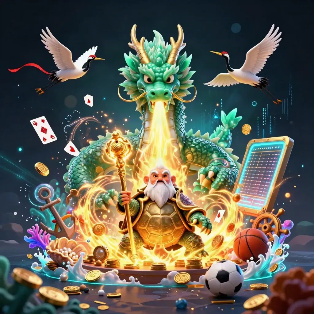 Dragon, turtle sage, and cranes amid treasure, coins, coral, balls, and neon energy.