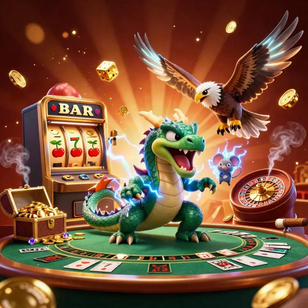 Thunder dragon, wind hawk, and static mouse burst through casino gold, dice, and glowing table lights.